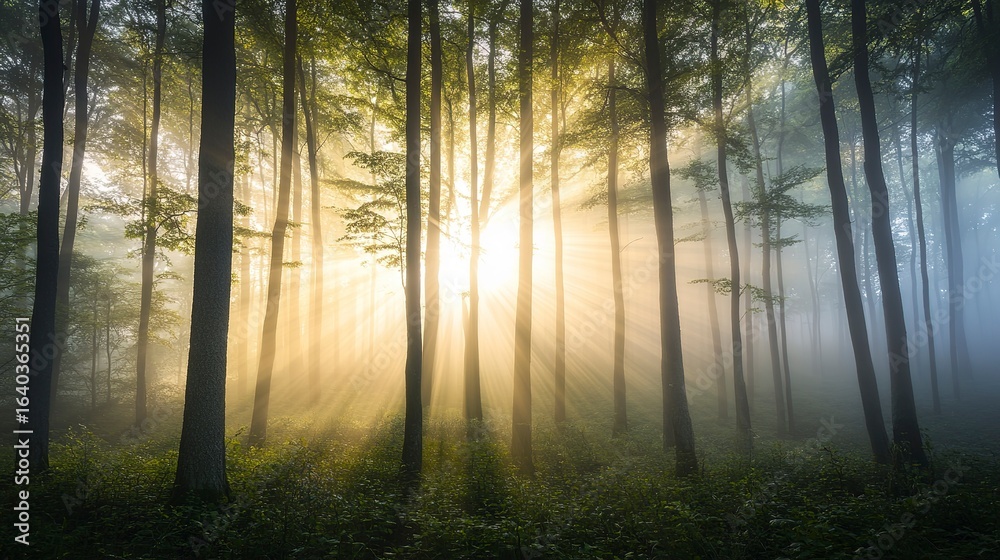 Obraz premium Sunlight peeking through a dense canopy of trees in a foggy forest at dawn, casting beams of light through the mist. Real photo, stock photography.
