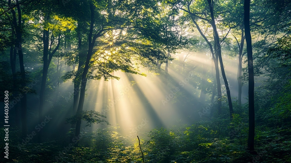 Obraz premium Sunlight peeking through a dense canopy of trees in a foggy forest at dawn, casting beams of light through the mist. Real photo, stock photography.