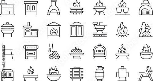Outline icons show various grills, ovens, fires, and camp equipment presented on white