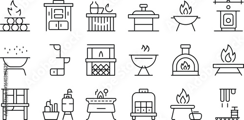 Set of various furnace and oven types displayed in simple line art style on transparent backdrop