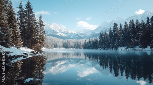 A breathtaking lake landscape with snow-covered trees lining the shore, reflecting the snow-capped peaks of a mountain range, real photo, stock photography