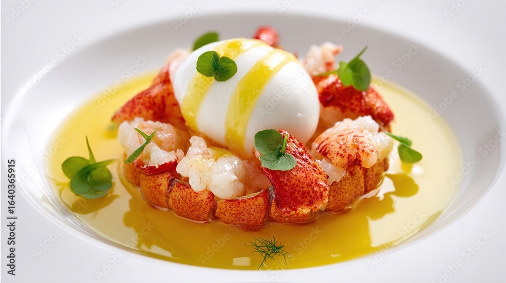 Lobster & poached egg dish in light sauce, garnished with small greens on white plate Lobster & poached egg dish in light sauce, garnished with small greens on white plate