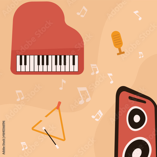 Poster Displays a piano microphone speaker triangle and music notes on a peach background.