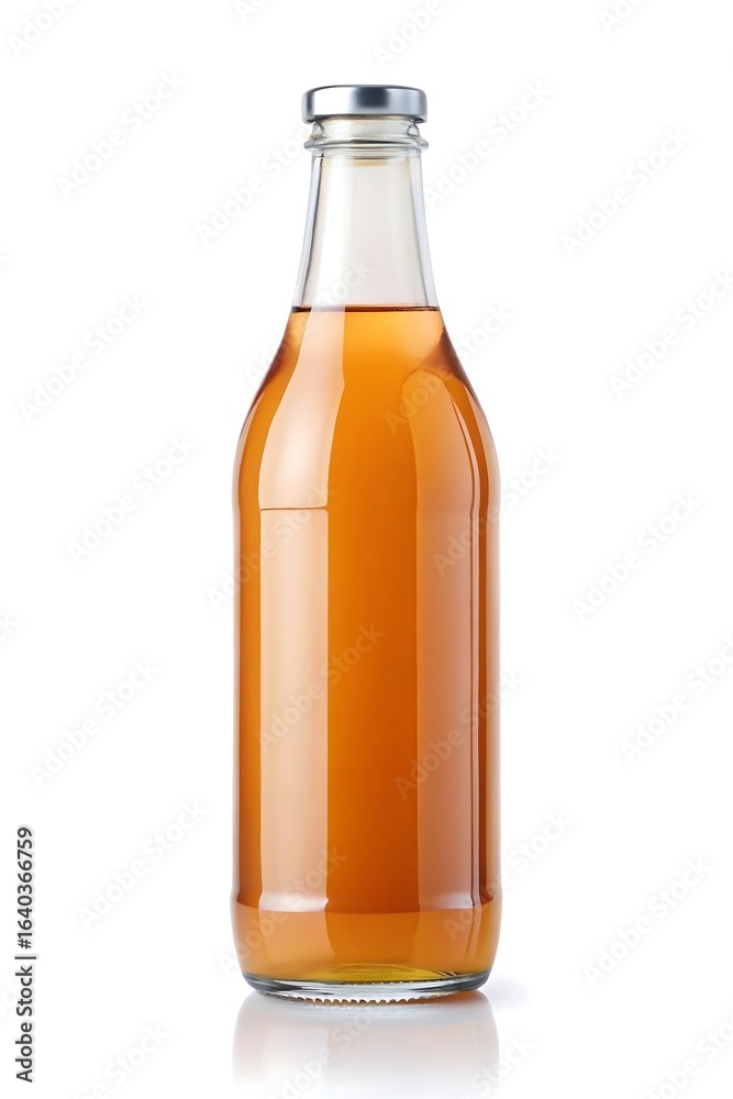 Glass bottle with apple juice isolated on white background for product mockup Glass bottle with apple juice isolated on white background for product mockup