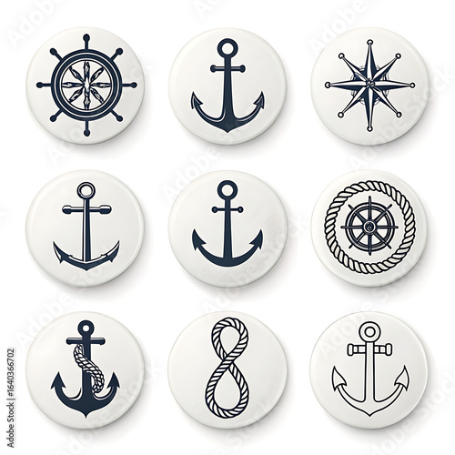 Nautical themed circular emblems featuring anchors compasses and rope
