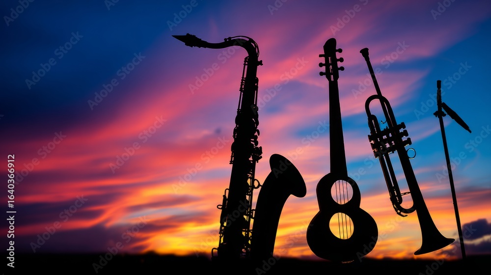 Obraz premium Artistic composition of musical instrument silhouettes against a vibrant sunset-colored backdrop.
