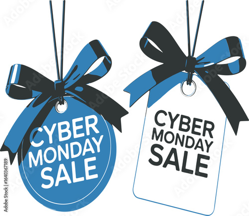 Festive Cyber Monday Sale Tags with Elegant Ribbon Accents for Holiday Promotion