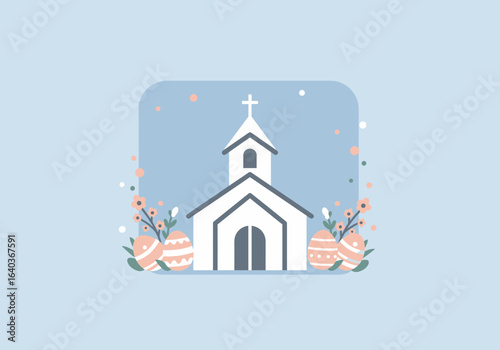 Easter Celebration A Simple Church with Decorative Eggs and Flowers Against a Blue Backdrop