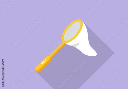 Flat design icon of a yellow butterfly net for catching insects, with a long shadow on a purple background.