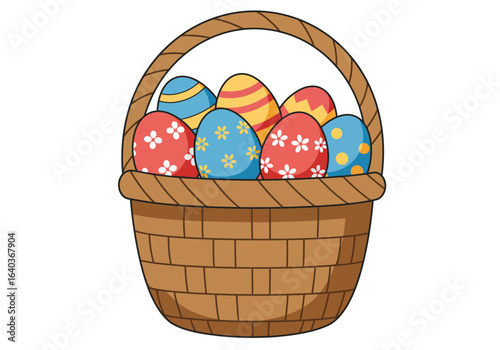 Illustration of a traditional Easter basket filled with brightly colored and patterned eggs for a festive spring celebration.