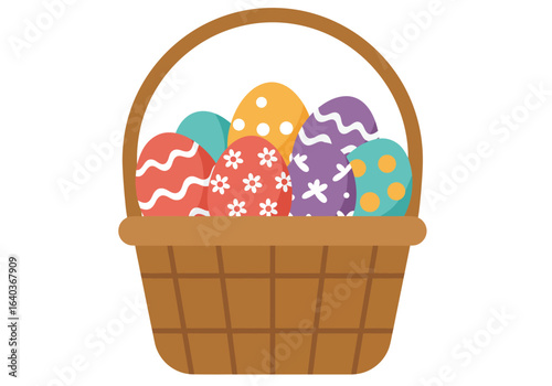 A festive Easter basket filled with colorful, beautifully decorated eggs for a spring holiday celebration.
