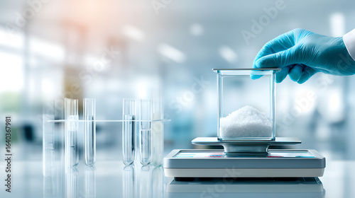 A gloved hand places a container with white powder onto a digital scale.
