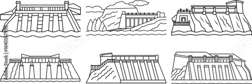 Set of River Dam outline vector illustration, line art