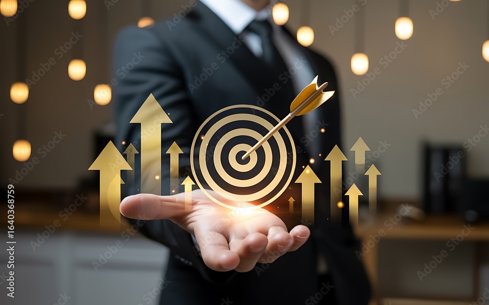Businessman holds a virtual interface with a golden target hit by an arrow, representing achieving business goals, strategic success, and corporate development with upward growth. Businessman holds a virtual interface with a golden target hit by an arrow, representing achieving business goals, strategic success, and corporate development with upward growth.