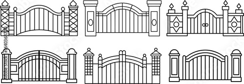 Set of Gate outline vector illustration, line art