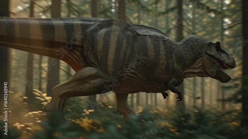 ultra-realistic action shot of a T-Rex chasing a herd of smaller dinosaurs through a dense prehistoric forest, dynamic motion blur, dramatic sunlight shafts, flying leaves and dust, cinematic, intense