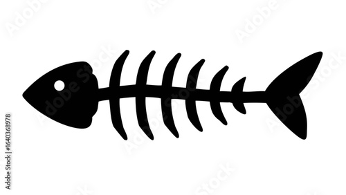 Illustration of a black fish skeleton with head, spine, and tail on a white background design art