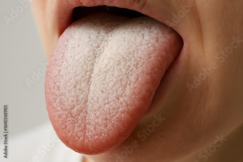 High-resolution close-up of a human tongue showing a white coating on the surface, detailed texture and papillae, useful for medical, dental, or health-related educational materials.