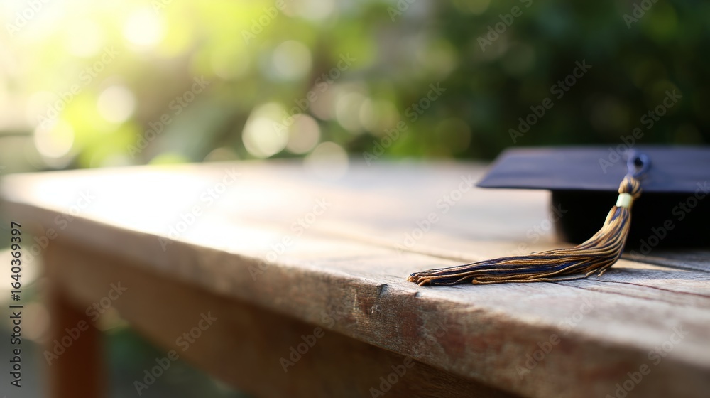 Obraz premium Single graduation cap on a wooden surface with tassel detail in warm academic atmosphere.