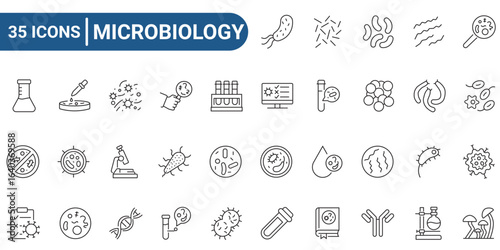 Thirty five microbiology icons with outline style, suitable for educational material, infographics, presentations, and science related design projects. editable stroke. vector illustration