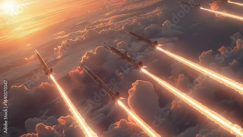 view of several ballistic missiles in the sky footage