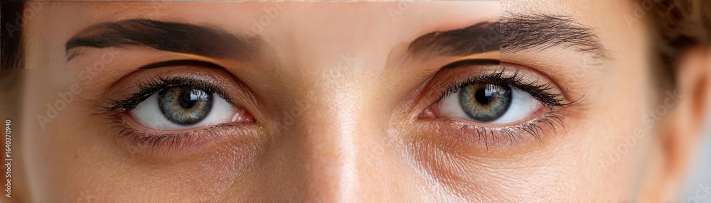 Fototapeta premium Swollen bags under circles and irritation concept. Close-up of piercing blue eyes revealing deep emotions and thoughts.