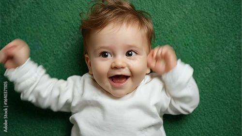Happy Baby with Bright Smile on Green Background in Indoor Setting with ai generated