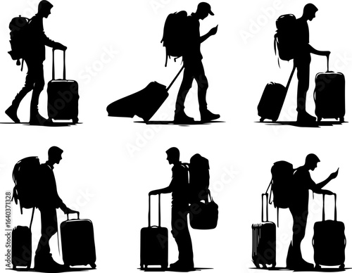 Collection of vector sketches of silhouette illustrations of traveler backpacker adventurers with luggage designs