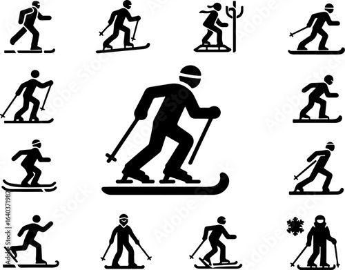 vector sketch illustration collection of silhouette sketches design images icons logos symbols people having fun skiing sports