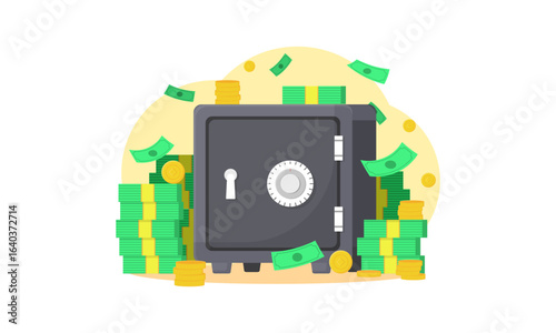 Safe box with money savings dollar coins banknotes. Cash protection concept. Flat. Vector illustration.