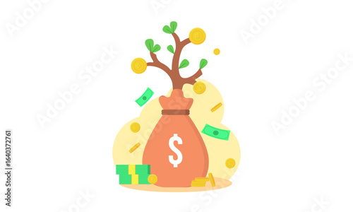 Income growth, money accumulation concept. Investments. A bag of coins, a stack of coins Flat vector illustration