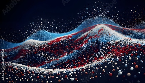 An abstract landscape of red, white, and blue data particles forming rolling hills. This dynamic technology background is perfect for big data concepts and patriotic themes.