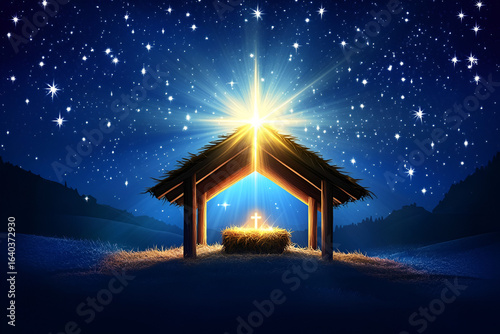 Nativity scene glowing under starry night sky with bright star
