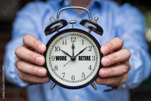 Alarm clock with work retire text, retirement planning countdown, financial time management and career choice.