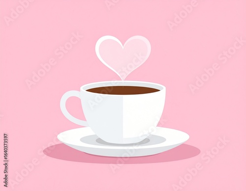 A lovely white coffee cup with a rising heart-shaped steam cloud on a pink background, symbolizing love for a warm beverage.