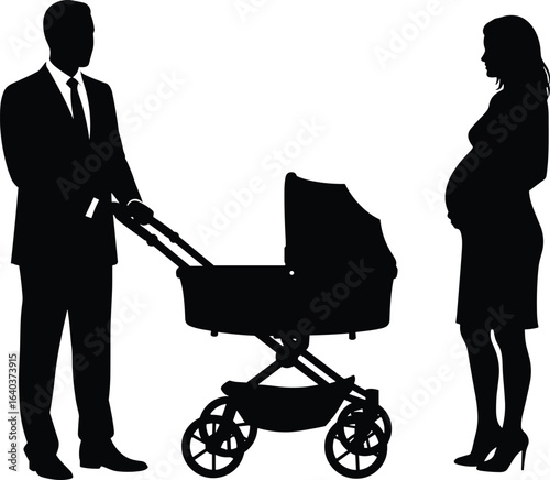 Silhouette of businessman pushing baby stroller with pregnant woman standing nearby, family preparation, parenthood concept, isolated on white background.