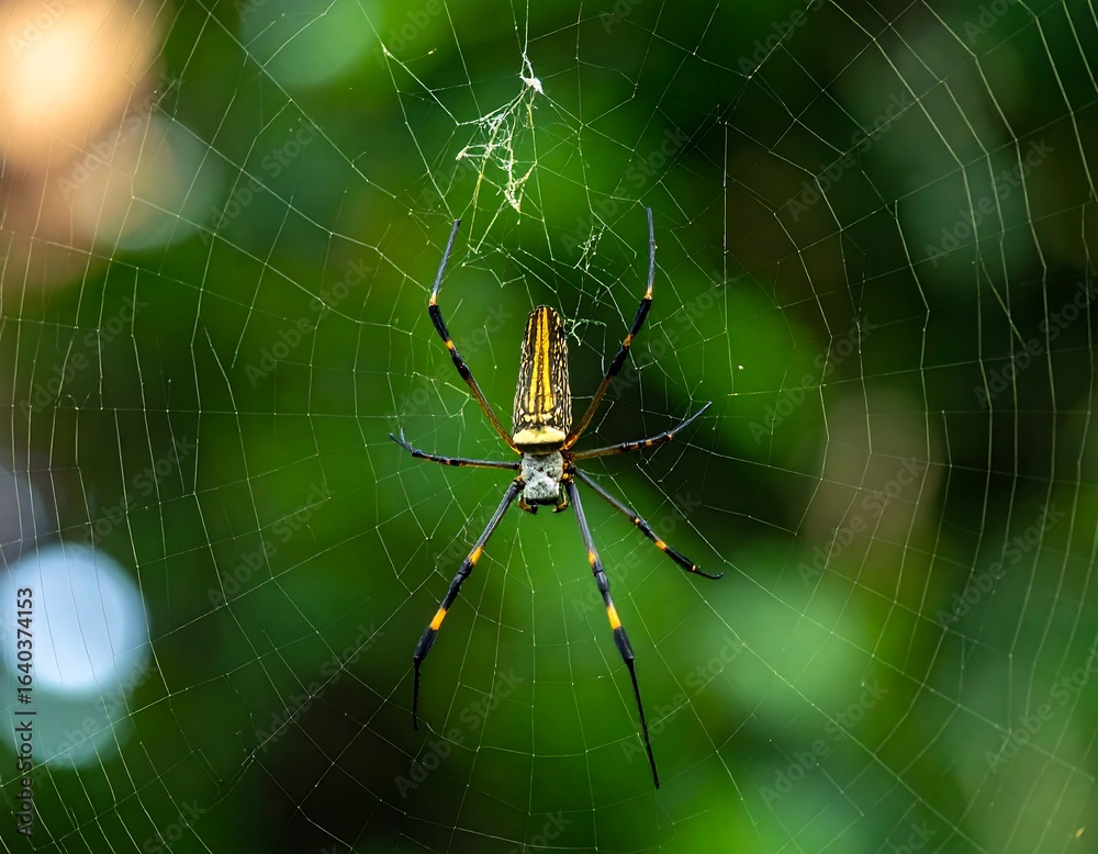 Obraz premium Golden silk orb-weaver spider Nephila clavata perched in its intricate web