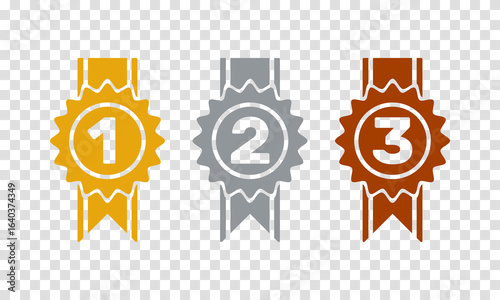 1st 2nd 3rd place awards, golden silver bronze medals with ribbon, flat solid vector set, transparent background