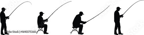 Silhouette of fisherman fishing with rod, standing and sitting positions, outdoor sport activity, angler with fishing gear isolated on white background.