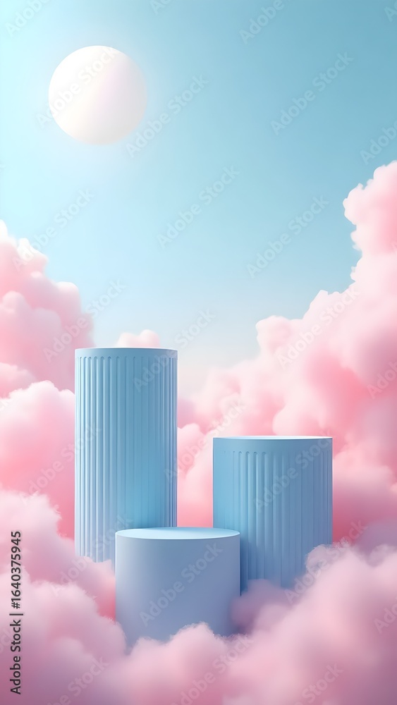 Fototapeta premium Pastel Blue Product Stands Amidst Pink Clouds and Light Blue Sky
