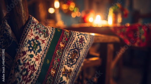 Wallpaper Mural Traditional embroidered serape draped over wooden chair, candlelight reflecting on patterns, blurred fiesta decorations. Torontodigital.ca