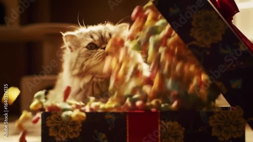 Persian cat reaching out from a floral patterned gift box