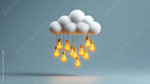 A cloud computing icon that is raining down glowing lightbulbs, cloud-based innovation.