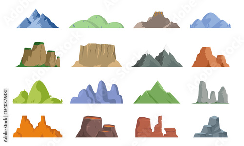Vector set of isolated snowy mountains, mountain peak, hill top, iceberg, nature landscape. Camping landscape and hiking illustration. Outdoor travel, adventure, tourism, climbing design elements