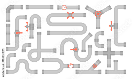 Vector set of details ware pipes system in flat style. Broken pipe with leaking water. Collection of water tube, leakage, plastic pipeline, leaking valve, dripping drain. Industrial technology.