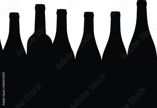 Silhouette of multiple bottles, beverage containers, alcohol bottles, wine bottles, beer bottles, drink packaging, dark silhouette, isolated white background