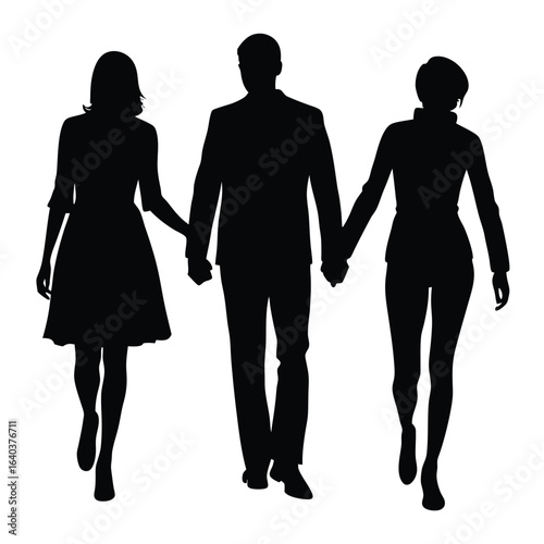 Silhouettes of three people holding hands women