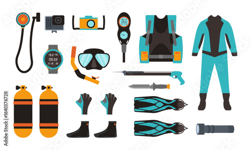 Set of Diving Equipment Snorkeling Masks, Scuba Diver Tools Underwater Glasses, Mouthpiece Tube for Swimming, Balloons, Flippers, Life Buoy, Knife. Watch, Gloves, Pressure Gauge. Cartoon Vector Icons