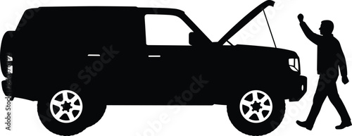 Silhouette of person seeking roadside assistance, SUV car hood open, mechanical failure, car problem, breakdown, emergency, help gesture