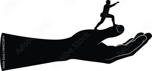 Silhouette of small man standing on giant hand, concept of support, strength, power, protection, leadership, motivation, success, control.